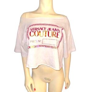 Authentic Versace Jeans Couture iridescent logo Off-Shoulder White Crop Tee L
